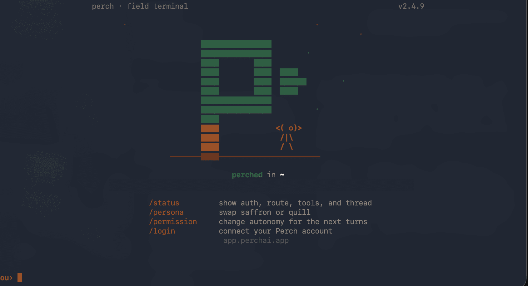 The Perch CLI on first run: the field terminal start screen with the Perch logo and the status, persona, permission, and login commands.