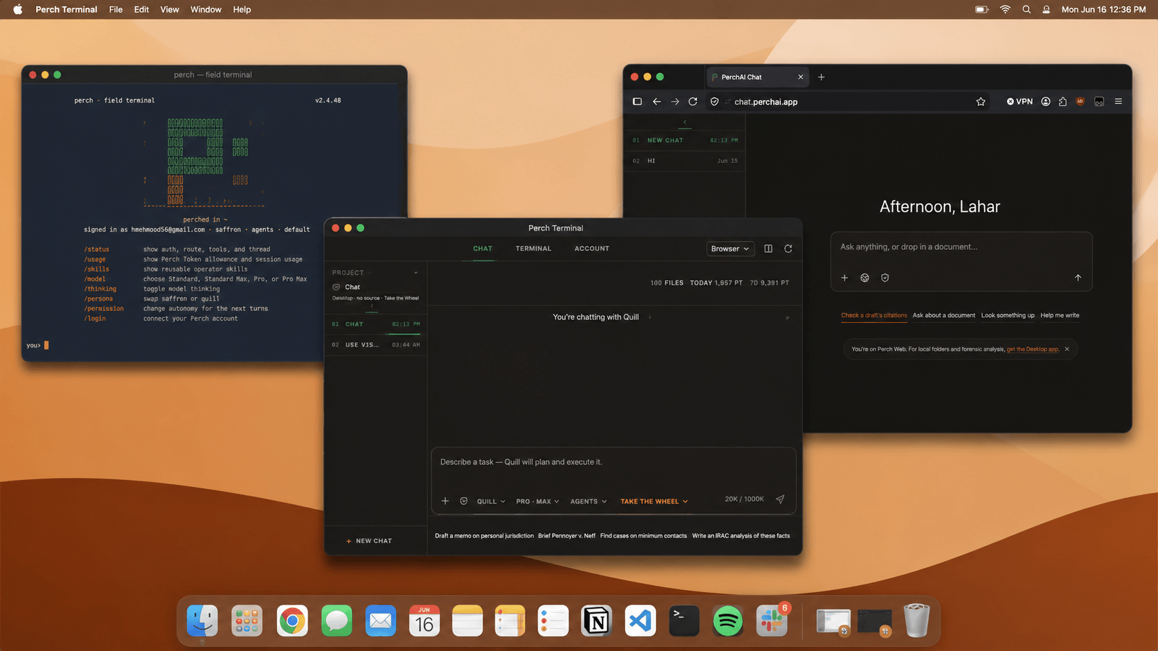 Perch AI Web, Perch Terminal Desktop, and the Perch CLI running together on a Mac